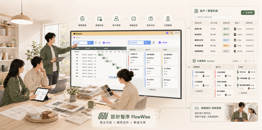 設計智序 FlowWise 整合專案進度、客戶與專案列表、任務看板管理與現場協作，融入室內設計團隊的日常工作。
