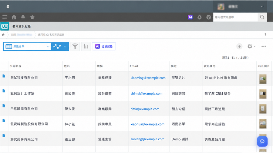 kintone CRM 客戶管理介面示意圖：名片資料建檔後，可在清單中查看公司、聯絡人與往來紀錄。